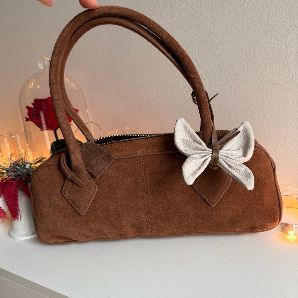 Brown genuine leather Suede Women's Bag with Bow Accent